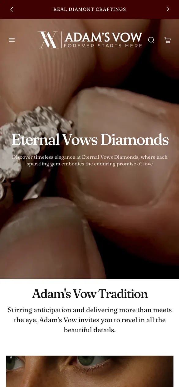 Adam's Vow Shopify storefront on mobile