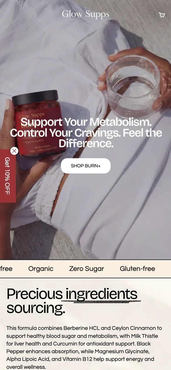 Glow Supps Shopify storefront on mobile